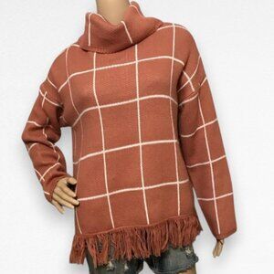 Orange Windowpane Turtleneck Sweater